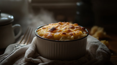 Indulge in a creamy baked macaroni and cheese, topped with a golden crust. This comforting dish combines delicious ingredients, perfect for any meal.の素材