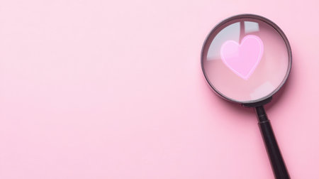 A magnifying glass highlights a pink heart icon against a soft pink background. This image symbolizes love and affection, perfect for romantic themes and creative projects.の素材