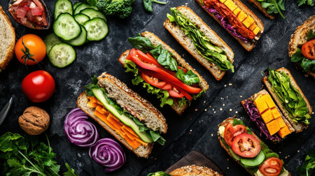 A stunning display of vibrant vegetarian sandwiches featuring fresh vegetables, cheese, and whole grain bread, perfect for healthy eating and meal inspiration.の素材