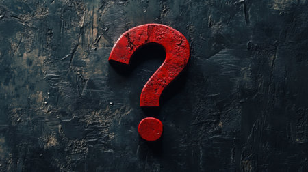 A striking red question mark centrally positioned against a dark textured surface, evoking themes of curiosity, mystery, and inquiry for creative applications.の素材