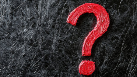 A striking red question mark stands prominently on a dark, textured background, symbolizing inquiry and uncertainty, inviting reflection and curiosity.の素材