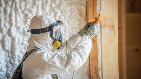 A construction worker in a protective suit applies spray foam insulation within a home. This process enhances energy efficiency and seals gaps to improve indoor air quality.の素材