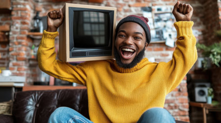 A joyful young man wearing a bright yellow sweater and a beanie holds a retro television set aloft. The scene captures a vibrant and relaxed atmosphere full of enthusiasm and creativity.の素材