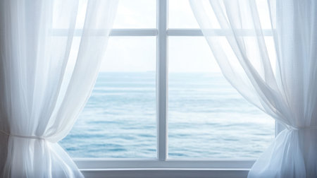 A beautiful view of the ocean through sheer white curtains, creating a peaceful atmosphere. Ideal for themes of tranquility, nature, and coastal living.の素材