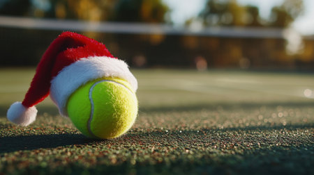 A whimsical tennis ball adorned with a Santa hat rests on a court. This festive scene captures the spirit of holiday cheer while celebrating sports and leisure activities.の素材