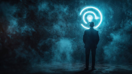 A striking silhouette of a businessman stands in a foggy space, illuminated by a glowing light bulb symbol. This image symbolizes creativity and inspiration in a professional setting.の素材