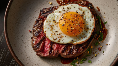 A delicious grilled steak topped with a sunny-side-up egg, seasoned with spices and herbs, presented elegantly on a plate, perfect for breakfast or brunch.の素材