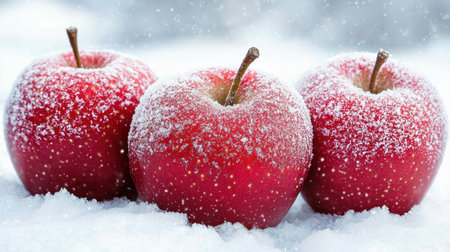 Three fresh red apples are beautifully covered in snow, creating a picturesque winter scene that evokes feelings of freshness and the holiday season.の素材
