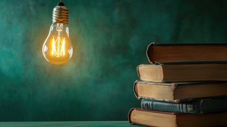 A warm hanging light bulb illuminates a stack of vintage books against a rich green background, creating a cozy atmosphere ideal for study or inspiration.の素材
