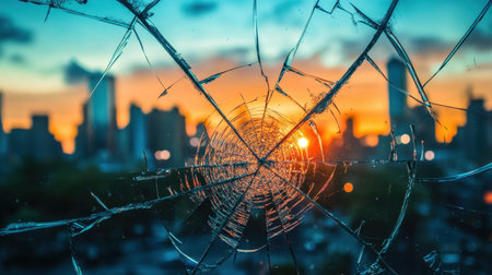A close-up of shattered glass frames a stunning sunset over a city skyline. The warm hues contrast with the broken texture, creating a dramatic visual effect.の素材