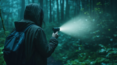 A lone person stands in a dark forest, using a flashlight to illuminate the dense surroundings. The atmosphere is mysterious and calm, inviting exploration.の素材