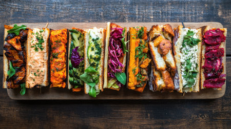 A stunning assortment of colorful sandwiches displayed on a wooden platter, showcasing fresh ingredients and gourmet flavors, ideal for lunch or sharing.の素材