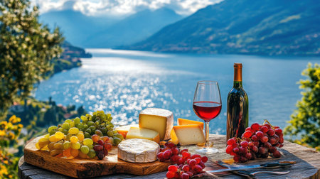Enjoy a scenic picnic setup featuring cheese, assorted grapes, and a glass of red wine with a stunning lake view in the background, perfect for relaxation.の素材