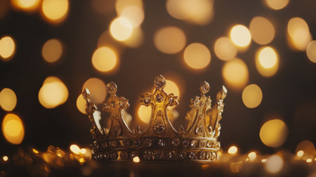A stunning golden crown adorned with sparkling jewels sits elegantly against a soft bokeh background, creating a warm and luxurious atmosphere perfect for celebrations and events.の素材