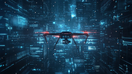 A sleek drone navigates through a vibrant digital environment filled with glowing data patterns and futuristic elements, symbolizing advanced technology and innovation.の素材