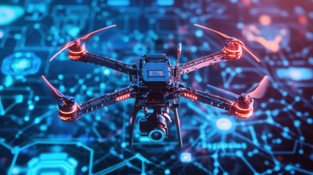 A high-tech drone hovering against a futuristic digital network backdrop, showcasing advanced technology and innovation in aerial photography and surveillance.の素材