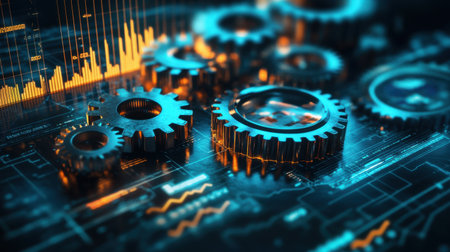 This captivating image features intricate gears amidst digital patterns, symbolizing the convergence of mechanical and technological advancements in modern industry.の素材