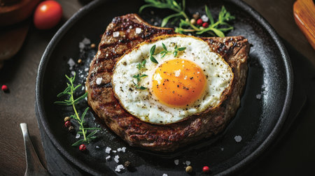 A perfectly cooked juicy steak topped with a golden fried egg garnished with fresh herbs, served on a black plate, ideal for a delicious meal.の素材