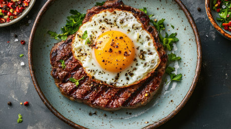 A mouthwatering grilled steak topped with a perfectly fried egg, served on a rustic plate. A delicious meal showcasing fresh herbs and spices for an appetizing presentation.の素材