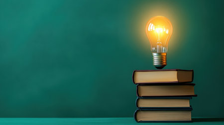 A glowing light bulb hovers above a stack of books on a green background, symbolizing inspiration and the pursuit of knowledge. Perfect for educational themes.の素材
