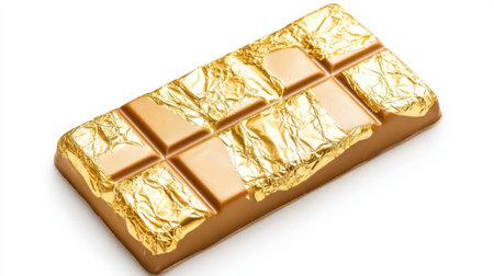 A golden wrapped chocolate bar rests on a clean white background, showcasing its luxurious appearance and indulgent texture, perfect for food lovers.の素材