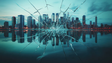 A stunning visual of a city skyline reflected in water, interrupted by an artistic crack effect in glass, showcasing urban beauty and tranquility at dusk.の素材