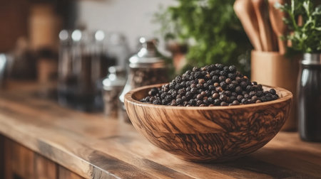 A bowl filled with black peppercorns sits on a rustic kitchen countertop, surrounded by cooking utensils and spices, showcasing natural textures and earthy tones.の素材