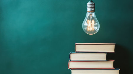 A vintage light bulb hangs above a neatly arranged stack of books on a rich green background. This image symbolizes knowledge and inspiration for educational themes.の素材