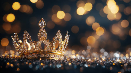 A stunning gold crown adorned with sparkling jewels rests on a shimmering surface. The blurred bokeh background adds a festive touch, perfect for celebrations and luxury-themed events.の素材