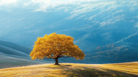 A stunning, solitary tree with vibrant golden leaves stands majestically on rolling hills. The background reveals a breathtaking landscape under a clear blue sky.の素材