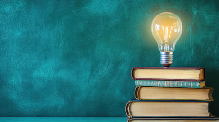 A captivating image depicting a glowing light bulb above a stacked collection of books, set against a vivid green background. This concept symbolizes creativity and inspiration.の素材