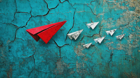 A striking image of a red paper airplane leading a group of small white paper airplanes against a textured blue cracked wall, symbolizing leadership and creativity.の素材