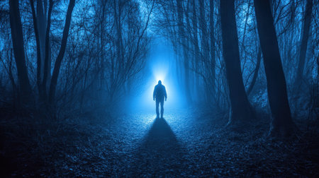 A solitary figure stands on a foggy forest path illuminated by a mysterious blue light, creating an eerie atmosphere that evokes feelings of mystery and solitude.の素材