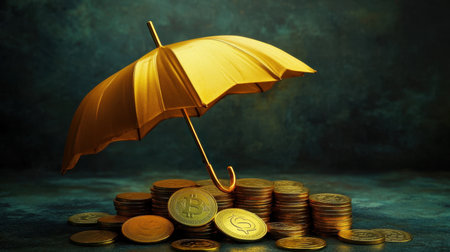 A striking golden umbrella shelters a mound of coins, elegantly representing financial security and wealth protection. Ideal for themes of investment and prosperity.の素材