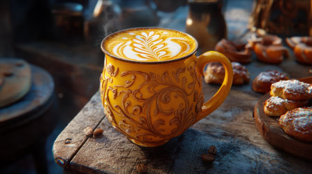 A stunning yellow mug filled with latte art sits on a rustic wooden table, surrounded by pastries and a cozy ambiance, evoking warmth and comfort.の素材