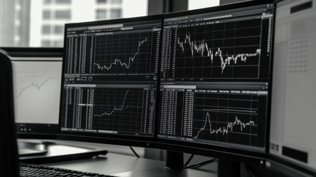 This image showcases a modern office setup featuring multiple computer monitors displaying stock market data and analytical graphs, ideal for finance professionals.の素材