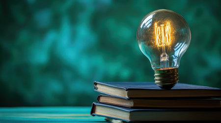 A glowing light bulb perched on stacked books creates a visually striking scene. This composition symbolizes knowledge, creativity, and inspiration in an artistic environment.の素材