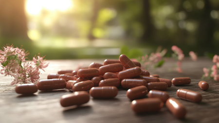 A serene scene featuring natural medicine capsules scattered on a wooden table, enhanced by blooming flowers and soft sunlight, evoking health and wellness.の素材