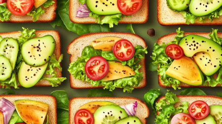 A vibrant arrangement of sandwiches featuring fresh vegetables like cucumber, tomato, and lettuce on whole grain bread, perfect for healthy meals or snacks.の素材