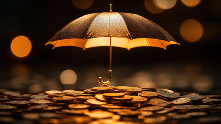 A unique perspective on wealth, featuring a shiny umbrella above a pile of coins with a soft golden bokeh background, symbolizing protection in finance.の素材