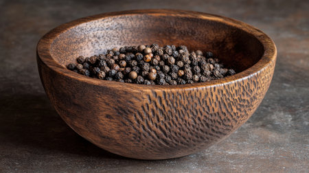 A rustic wooden bowl filled with black peppercorns rests on a textured surface, showcasing the rich natural aesthetic perfect for culinary inspiration.の素材