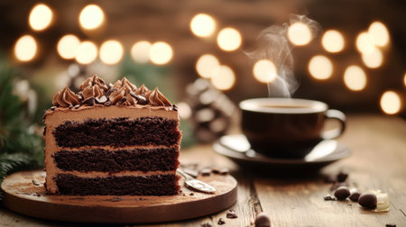 A succulent slice of rich chocolate cake sits on a wooden table, accompanied by a steaming cup of coffee, creating a warm and inviting atmosphere perfect for celebrations.の素材