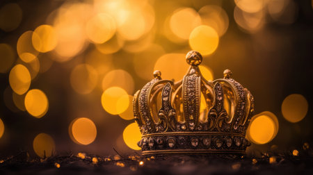A stunning golden crown rests elegantly against a blurred background of warm lights. This image captures the essence of luxury and royalty, perfect for themed projects.の素材