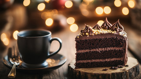 A mouthwatering slice of chocolate cake is served beside a steaming cup of coffee on a rustic wooden table, perfect for indulgence and enjoyment.の素材