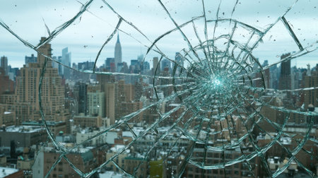 This image captures a broken glass pane revealing a city skyline featuring skyscrapers under an overcast sky. The shattered glass creates an intricate pattern, illustrating both beauty and fragility in an urban environment.の素材