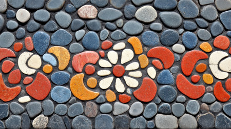 A stunning mosaic pattern featuring colorful pebbles and stones arranged in a vibrant design. Ideal for decorative use in various artistic projects.の素材