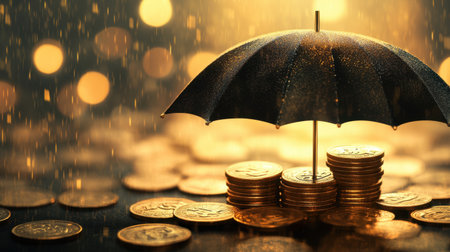 An artistic representation of an umbrella shielding a stack of coins from rain, set against a soft bokeh background. This image symbolizes financial protection and security.の素材