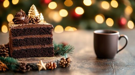 A decadent slice of chocolate cake decorated for the festive season, complemented by pine cones and a cozy coffee cup, creating a warm holiday ambiance.の素材