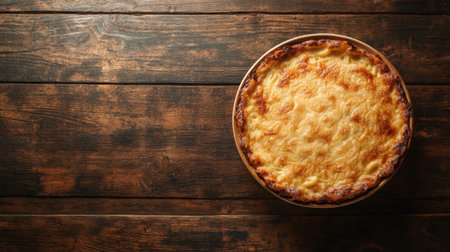A golden brown cheesy dish resting on a rustic wooden table, showcasing appetizing textures and a warm atmosphere perfect for sharing a delicious meal.の素材
