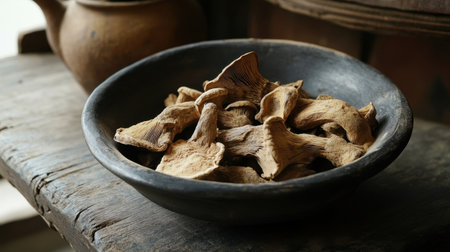A beautiful rustic wooden bowl filled with dried mushrooms, showcasing earthy tones and textures. Perfect for culinary or decorative use in kitchens and homes.の素材